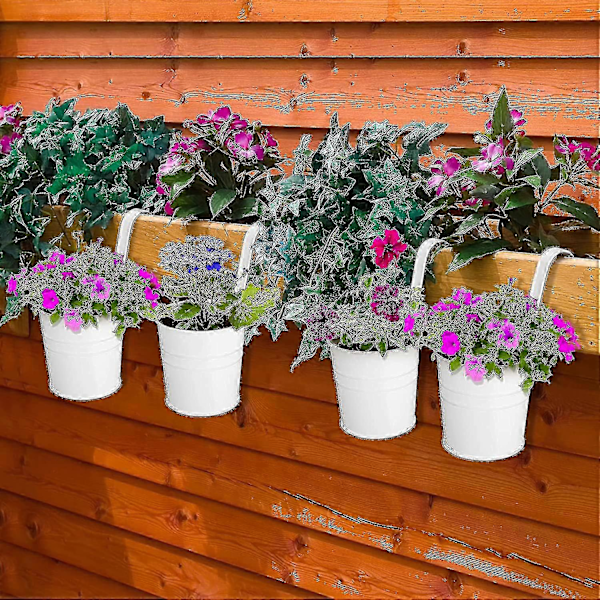 4 kappaleen setti Shabby-tyylisiä roikkuvia kukkaruukkuja, metallisia roikkuvia istutusruukkuja koukulla, ulkokäyttöön, parvekepuutarhaan, valkoinen Hy