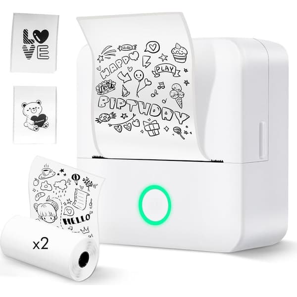 Selvklæbende etiketprinter, monokrom Bluetooth termisk printer, mini klistermærkeprinter med 2-pak selvklæbende etiketter