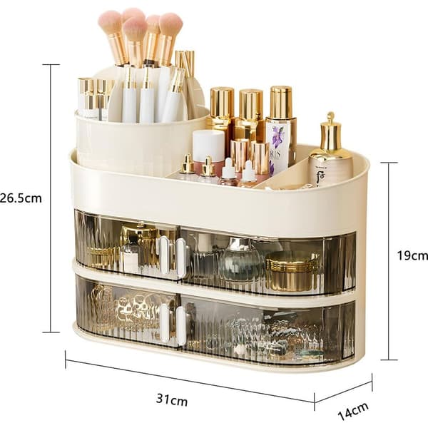 3-lags makeup-organizer til toiletbord, multifunktionel 360 graders roterende makeupbørsteholder, kosmetikudstillingsstander til soveværelse og badeværelse