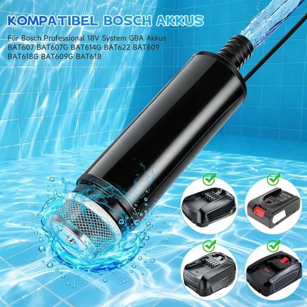 Dykpumpe - 1 enhed - Til Bosch 18V batteri - Flowhastighed 30 L/min - Have, Pool, Camping - Kompakt