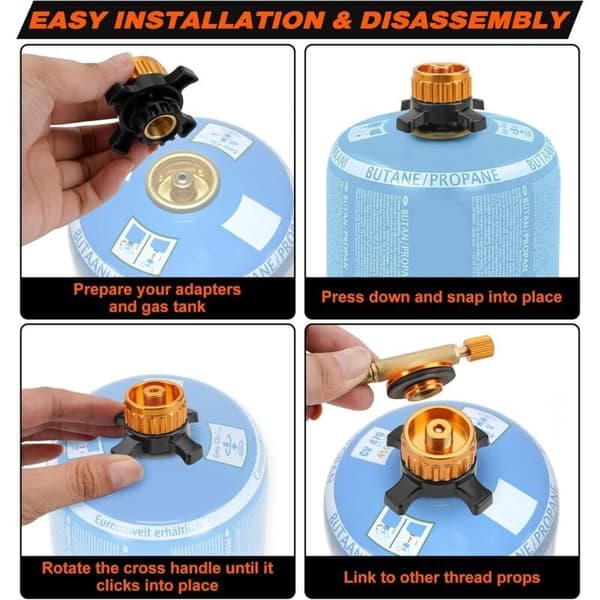 Gaspatronadapter, flaskeadapter til Easy-Click/CV gaspatroner, konvertering fra bajonetlukning til 7/16\" gevindfitting, guld, 1 stk.