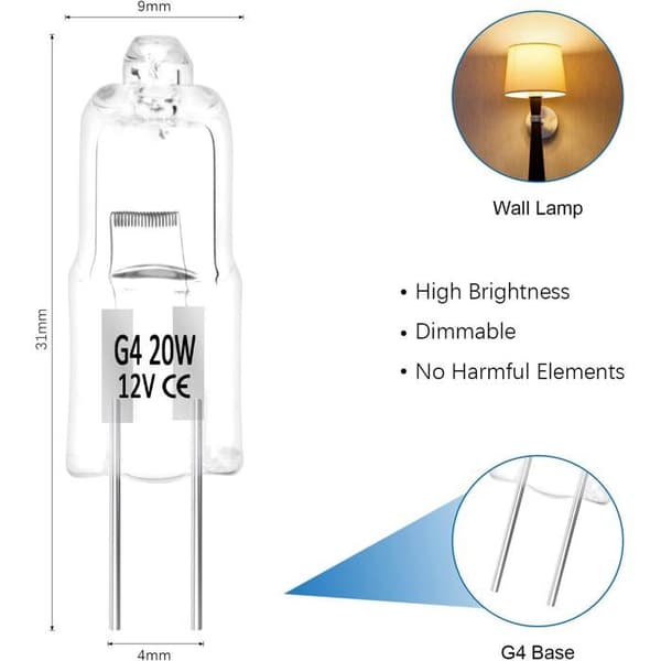 G4 Halogenlampor - Varmvit 12V 20W - Halogenstiftlampa - Dimbar, lågspänning - Transparent kapsel, 10 st