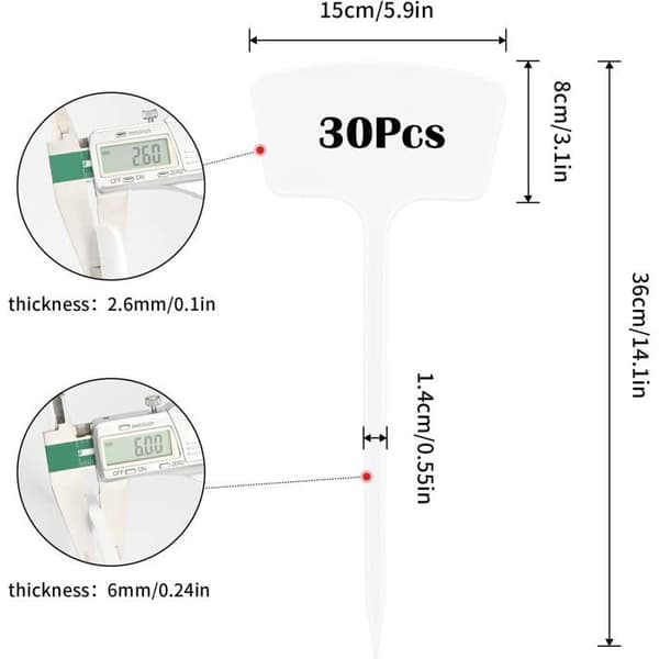 Hageetiketter - 30 stk - Solid plast - Planteidentifikasjon - Grønnsakshage og blomster - Hvit 36cm