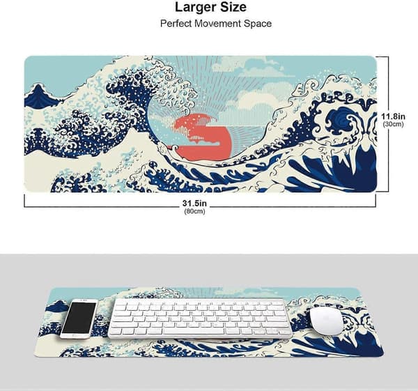 Musematte Japanske Stormhavsbølger Gaming Musematte Utvidet Stor Musematte Skrivebordsmatte Sydd Kant 80x30x0,3cm