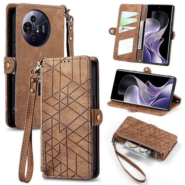 Til TCL 50 Pro NxtPaper 5G Etui med Lynlås, Geometriske Linjer, Læder Telefon Cover - Brun Multicolor Brown