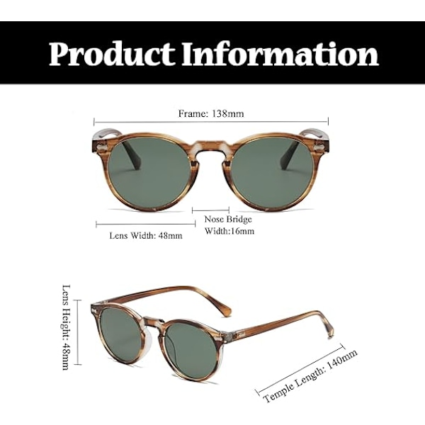 Retro Runde Polariserede Solbriller Herre Dame, Vintage Polariserede Solbriller Klassiske Trendy Shades Unisex UV Beskyttelse Brown stripes Green