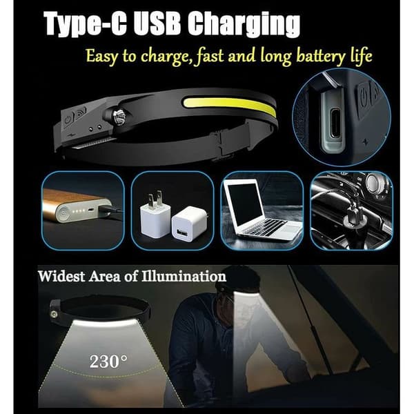 2-pakning LED-hodelykt med sensor, kraftig COB XPE-hodelykt, 5 moduser, USB oppladbar, vanntett løpelys, ideell for camping, lesing,
