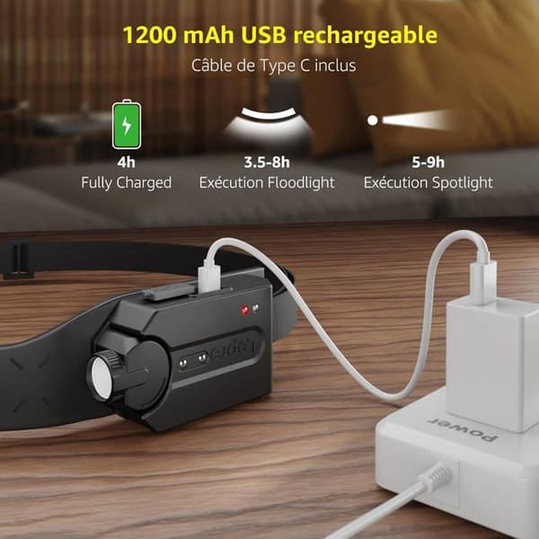 LED-hodelykt - 1 enhet - ABS - 230° lysstråle og bevegelsessensor - Camping og løping - Svart