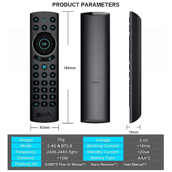 G20S PRO BT5.0 2.4G Trådlös Smart Röst Air Mouse Gyroskop IR-inlärning Bakgrundsbelyst Fjärrkontroll för