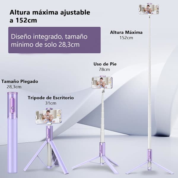153 cm Mobiltelefon Selfie Stick Stativ, Uppgraderat 360° Roterande Infällbart Mobiltelefonstativ, Lila