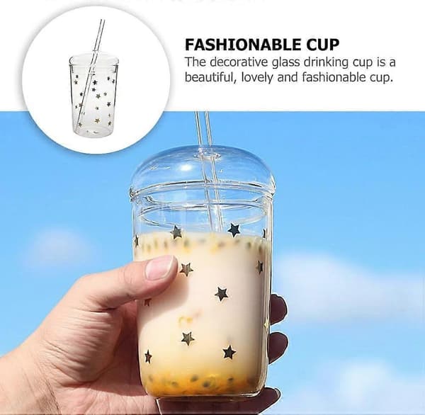 Mason Jar med Lock och Sugrör - Glas Boba Kopp Estetiska Koppar - Klara Vattenflaskor Återanvändbar Tumbler med Lock och Sugrör