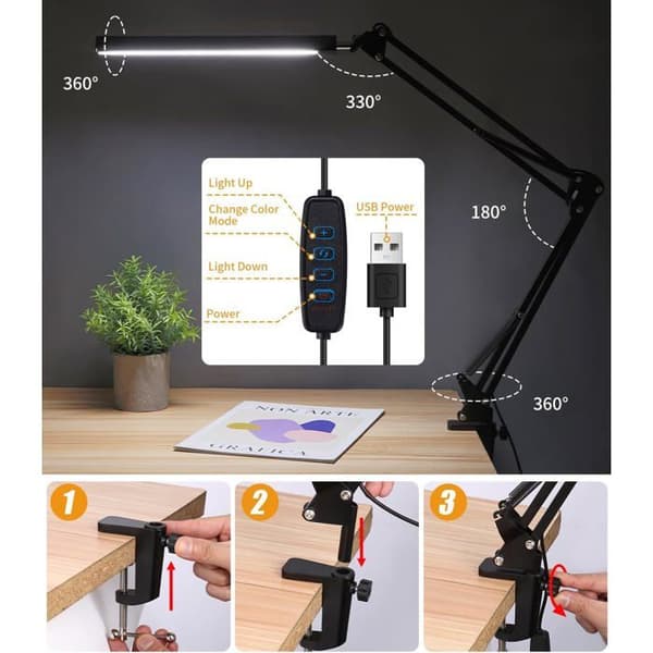 LED-skrivebordslampe med 3 moduser og 10 lysstyrkenivåer, moderne arkitektlampe, ideell for lesing, sminke, arbeid, studier og hobbyarbeid
