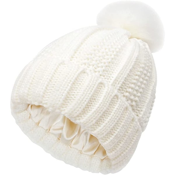 Vinterstickad Mössa för Kvinnor, Fast Pompom Beanie, Varm Satinfoder, Silkefodrad Beanie, Virkad Utomhusmössa White