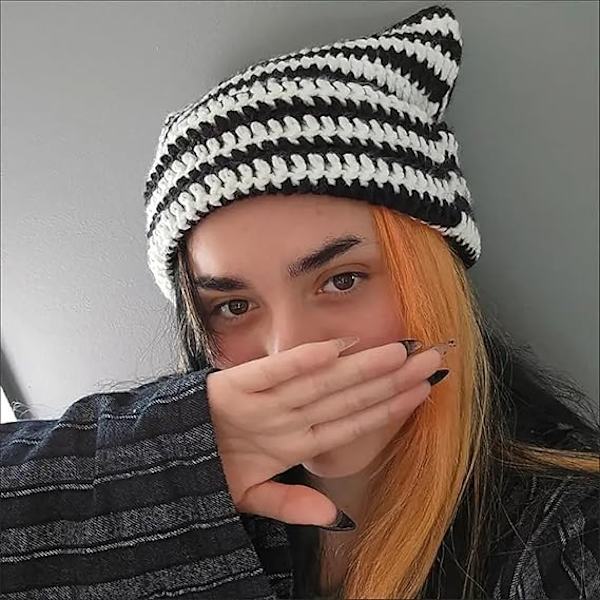 Damernas Kattmössa i Stickad Crochet med Öron Stickad Vintervarm Elastisk Hatt Slouchy för Flickor Vuxna Barn White Black
