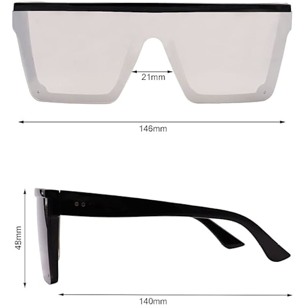 Neliönmuotoiset ylisuuret aurinkolasit naisille ja miehille, muodikkaat litteät suuret kehykset Black and Silver
