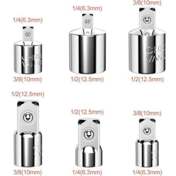 6-delt pipeadaptersett, skralleadapter, pipeadaptere, adaptere 1/4\" til 3/8\", 1/2\" til 3/8\", 3/8\" til 1/4\", 3/8\" til 1/2\", 1/2\" til 1/4\"