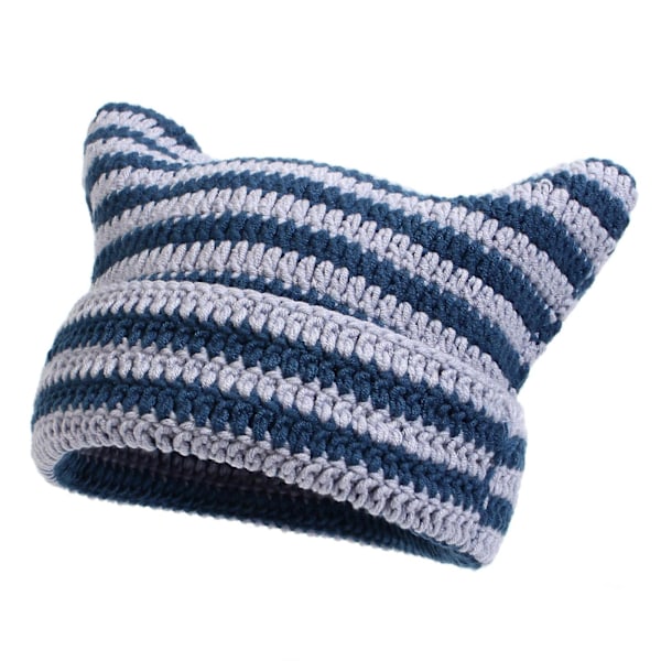 Höst Vinter Utomhus Varma Stickade Mössor Söt Randig Katt Öra Hatt Huvudbonad Ullgarn Stickad Beanies Blue