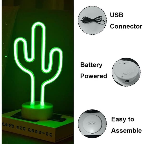LED-neonskylt, sovrumsdekoration, nattlampa, inomhusbelysning, batteri- och USB-driven (Grön kaktus)