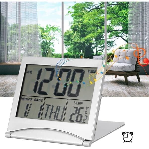 Vikbar LCD digital väckarklocka, bärbar hopfällbar digital LED-reseväckarklocka med datum, dag och tid för vardagsrum, kontor, sovrum
