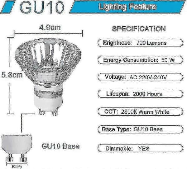 6-pack GU10 Halogenlampor 50W 220V-240V Varmvit 2800K Dimbar