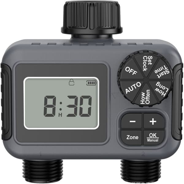 Liten bevattningstimer, version med dubbla utlopp, utomhus trädgårdsvattenventil, smart bevattningskontroll, automatisk bevattningsanordning