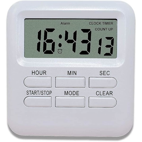 Digital timer med 3-i-1 ur/vækkeurfunktion, magnetisk køkkentimer, nedtællingsstopur