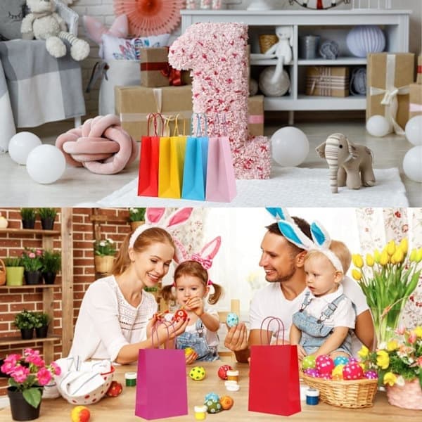 30 stk papirposer til barnefester - 10 farger papirposer med håndtak - Lekepose til bursdag, bryllup, jul, Halloween - Papirpose