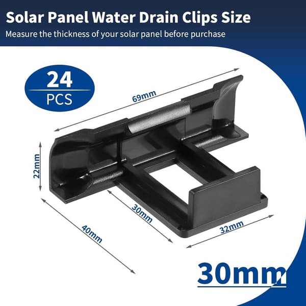 24 vanndreneringsklemmer for 30 mm solcellepaneler, slitesterke ABS-materiale vanndreneringsklemmer for 30 mm PV-moduler
