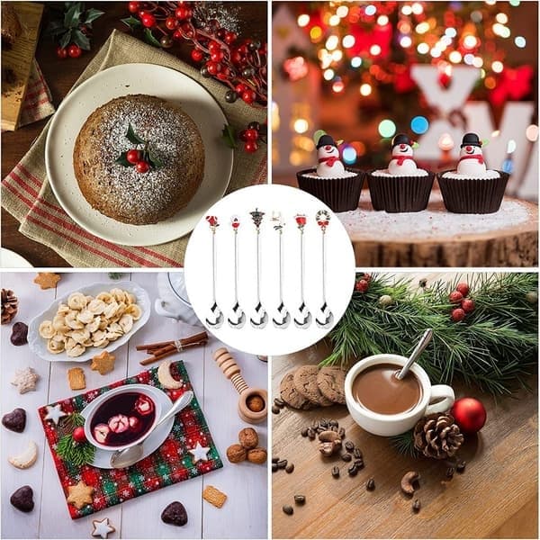 Jul-tesked, 6 jul-teskedar Silver julstål dessertsked, julgran med julhänge, älgmössa klocka, presentförpackning