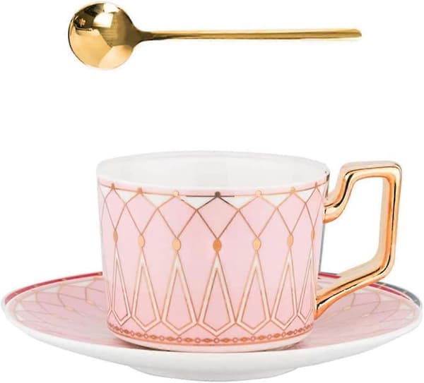 Elegant Keramisk Tekopp och Fat Set, 24 cl Kaffekopp för Afternoon Tea - Geometriskt Mönster