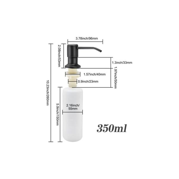 Køkkenvask sæbedispenser, 350 ml, integreret opvaskemiddeldispenser i rustfrit stål, genopfyldelig sæbedispenser med 360° roterende pumpe (mat sort)
