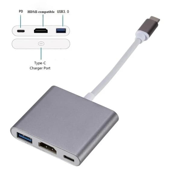 USB-C Type-C 3-i-1 HDMI-adapterkabelkonverterhub til Macbooks, Android-telefoner og HDTV'er. grey