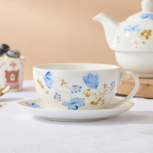Porcelænsttesæt til én med orkidémønster - Tekande 476 ml og kop 350 ml - Elegant blomsterdesign