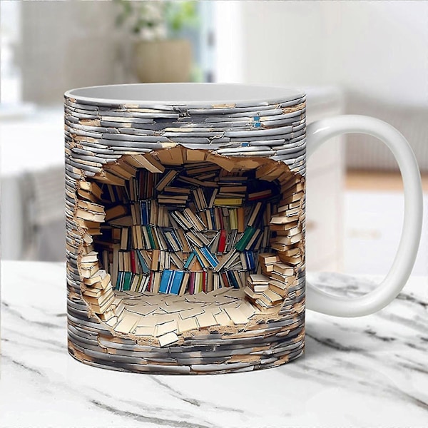 3D Bogreol Krus - Cool Fødselsdags- og Julegaver Til Ham Hende - Keramisk Kaffekrus Grey