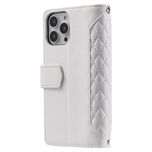 For iPhone 14 Pro 6.1 tommer Lommebok Deksel med Glidelås Tekstur PU Lær Flip Stativ Veske White Style F iPhone 14 Pro