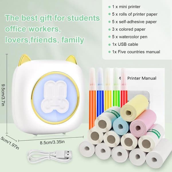 Bærbar fotoprinter, mini trådløs instant fotoprinter, trådløs termisk printer BT mobilprinter med LED