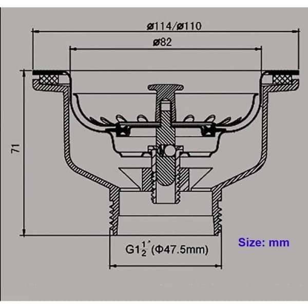 Afløb til vask uden overløb, rustfrit stålkurv ø 110 mm 1½ \", rustfrit stål + ABS-afløb + kurv