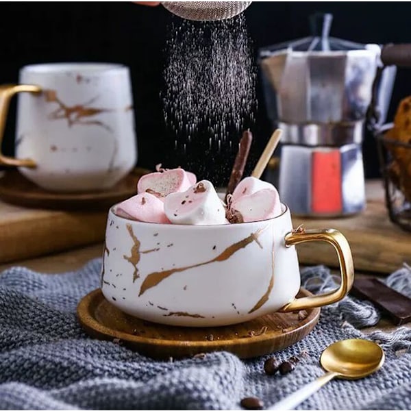 Porcelæn Te Kop Kaffe Kande Sæt til Eftermiddagste - Marmor Mønster (Sort, Kort 300ml + Træ Underkop)