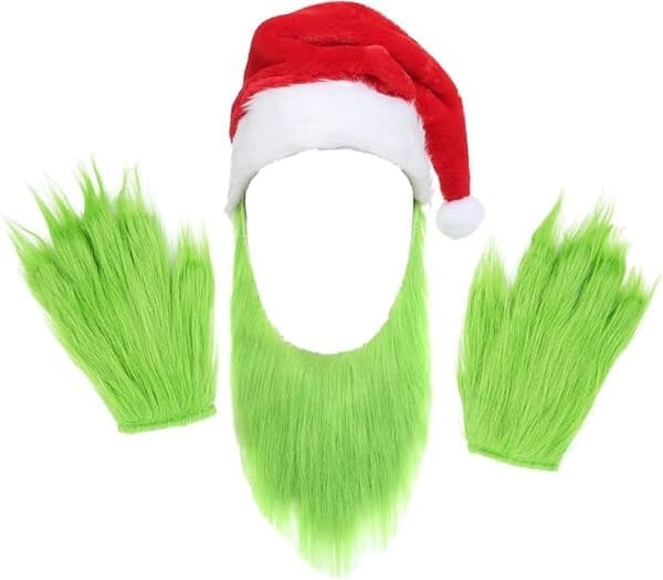 Grön tomtemössa med skägg för män, vuxen julcosplay
