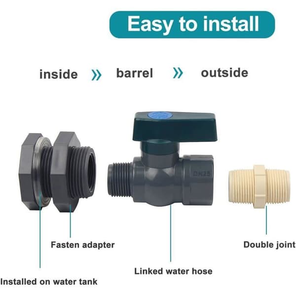 PVC Regnvandstønde-hane Sæt, Hane-adapter til tønder, slangeadapter til akvarier og swimmingpools (1\"/ND25)