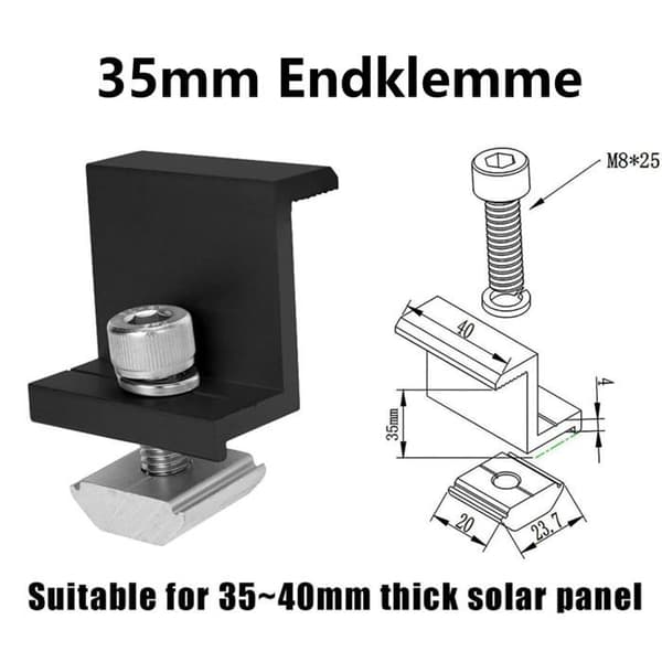Sett med 4 solcellepanel-endeklemmer med Z-formede skruer - 30 mm endeterminaler - Svart - For installasjoner