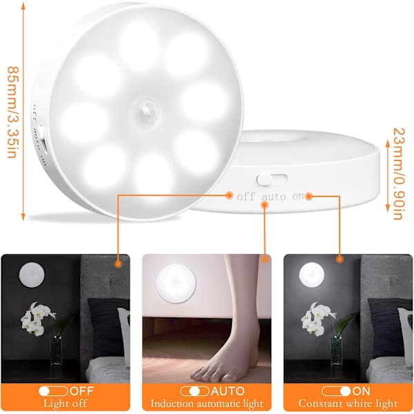 USB Oppladbar Bevegelsessensor Nattlys Skaplys 8 LED 3 Moduser (Auto/På/Av)