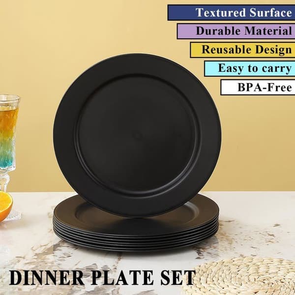 Plastiktallerkener - 8 stk. - 25 cm - Sort - Genanvendelige - Stød- og mikrobølgesikre