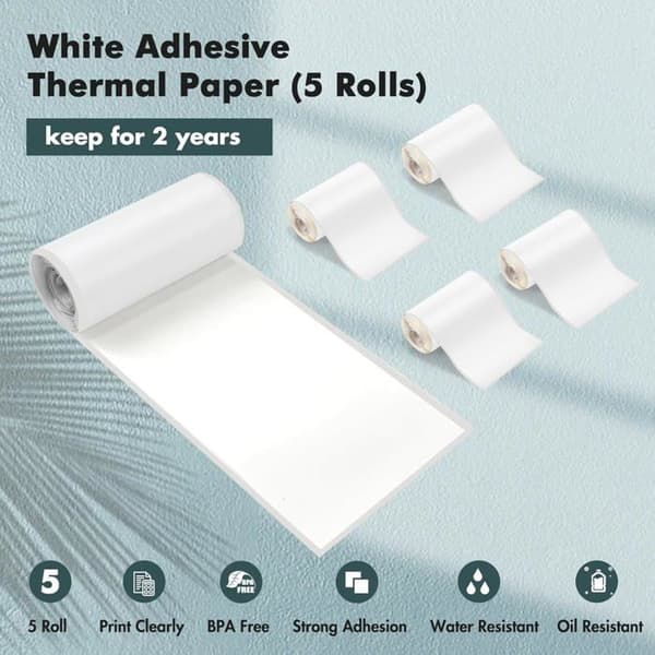 Hvitt termisk papir for skriver, mini-klistremerke, termisk papir, 5 ruller, 2 år, 57 mm x 25 mm, for dagbøker, bilder