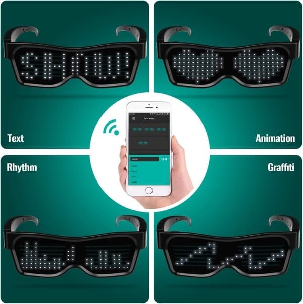 LED-briller, Bluetooth APP-tilsluttede LED-display Smartbriller USB Genopladelige DIY Funky Briller til Festklub DJ Halloween Jul