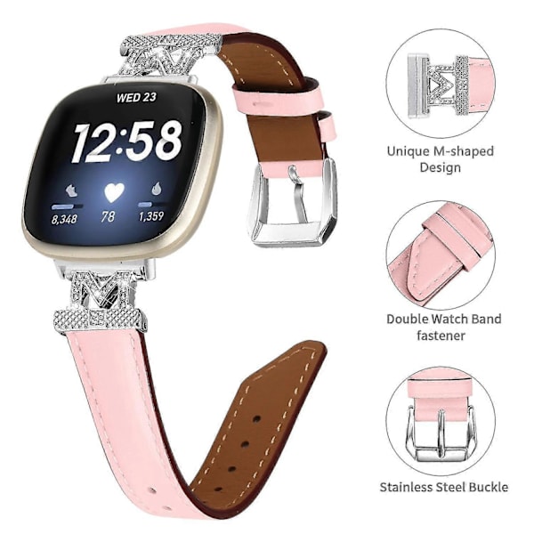 Ægte læderrem i M-form til Fitbit Versa 3/Versa 4/Sense/Sense 2 Pink Fitbit Versa 3