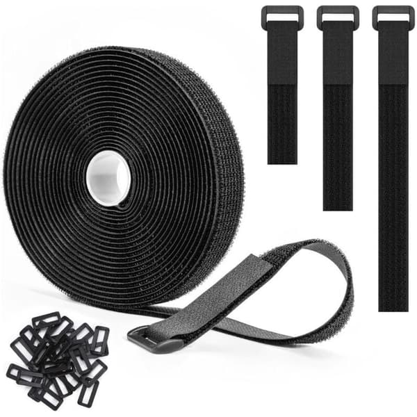 Justerbare kabelstropper 5m x 2,5cm med 25 løkker, genanvendelige sorte kabelbindere, velcrobånd, sort