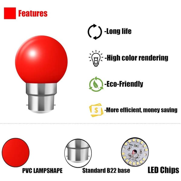 Förpackning med 20 B22 2W LED-lampor i rött, gult, orange, grönt och blått.