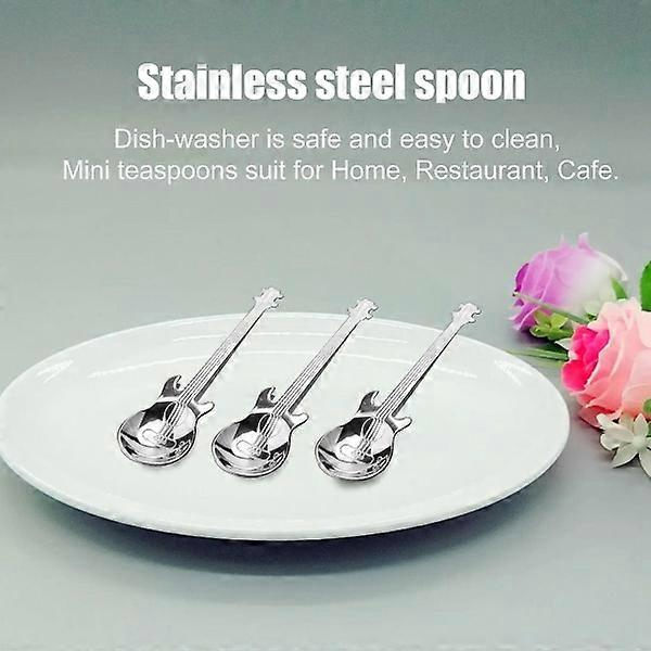 Gitarr kaffesked 6-pack söt sked rostfritt stål tesked omrörningssked Gitarrform (silver)