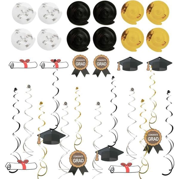 Dimissionsdekorationssæt - 20 Dele - Sort og Guld Papir - Banner og Pomponer - Universitet/Skolefest
